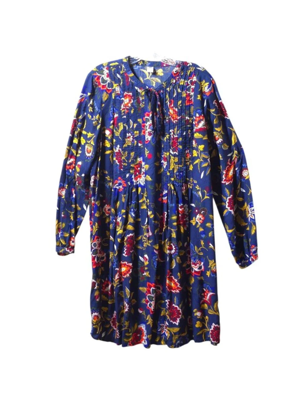 Old Navy Floral Boho Peasant Dress L Tall Blue Red Long Sleeve Pintuck Tie Neck